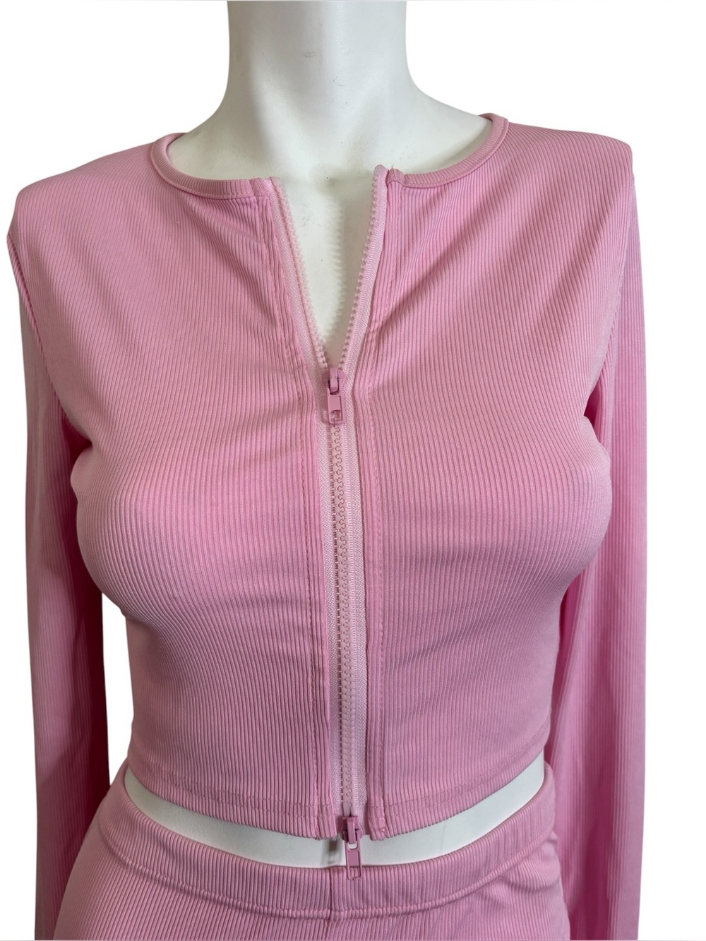 Pink Ribbed Two-Piece Zip Front Lounge Set - Picture 7 of 8